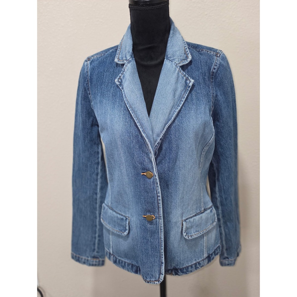 Old Navy Womens Medium Blue Denim Blazer Jacket Y2K Cotton 2 Button Flap Pockets